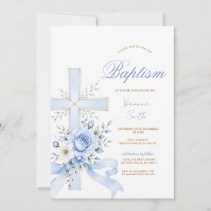 Faire-part religieux de fleurs de croix bleue élég