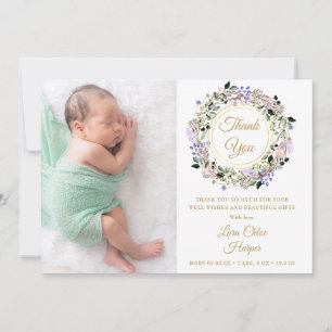 Faire-part Remerciement de naissance photo or bébé floral 2