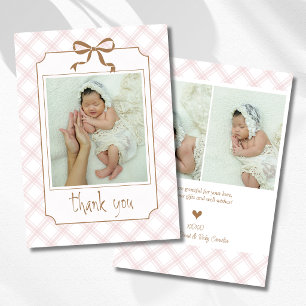 Faire-part Remerciement de photo de bébé à carreaux rose anci
