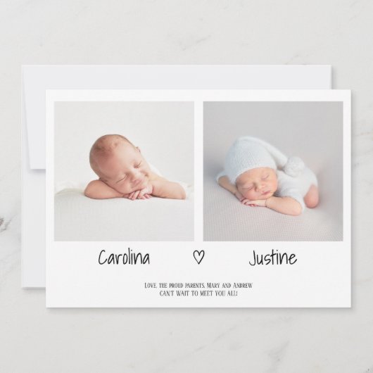Faire-part Rencontrez bébé script coeur 3 photo bébé jumeaux  (Dos)