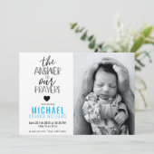 Faire-part Réponse à nos prières Photo Blue Boy Birth (Debout devant)