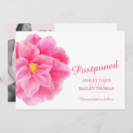 Faire-part Report de mariage à la camélia rose annulation (Devant / Derrière)