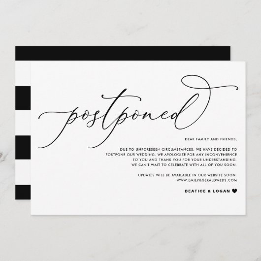 Faire-part Report de mariage à l'écriture fantaisiste noir (Devant / Derrière)