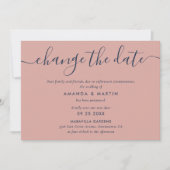 Faire-part Report de mariage bleu marine et rose (Devant)