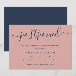 Faire-part Report de mariage bleu marine et rose moderne