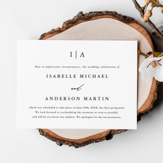 Faire-part Report de mariage classique à monogramme noir