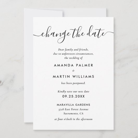 Faire-part Report de mariage moderne noir et blanc (Devant)