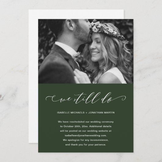 Faire-part Report de mariage vert Nous nous marions toujours  (Devant / Derrière)