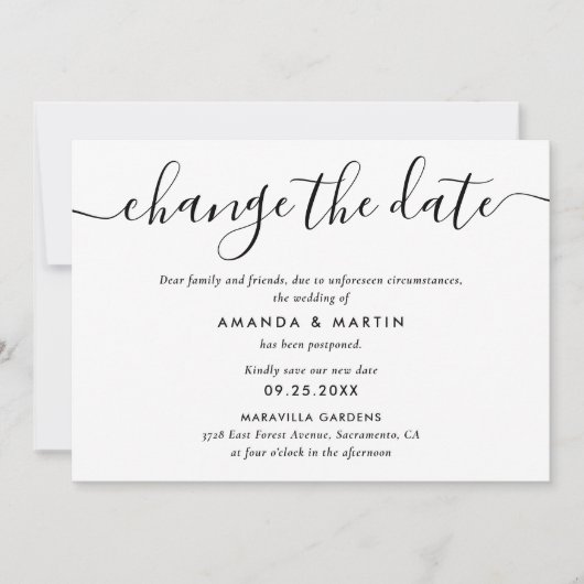 Faire-part Report du Mariage noir et blanc (Devant)