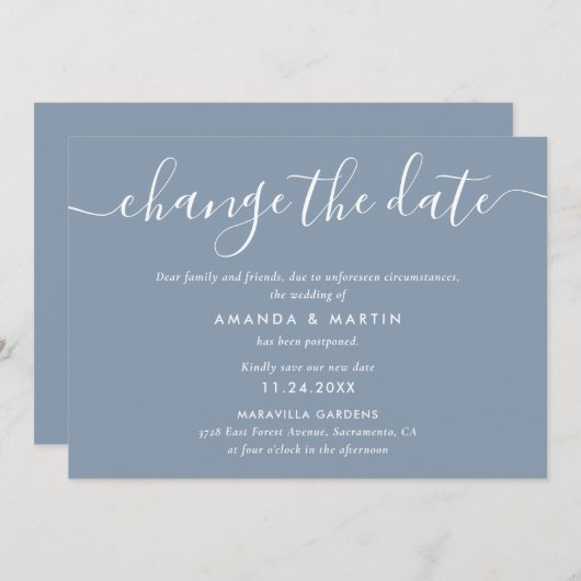 Faire-part Report Mariage bleu poussiéreux (Devant / Derrière)