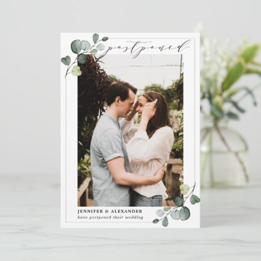 Faire-part Reporté Changer la date Eucalyptus Mariage photo (Debout devant)