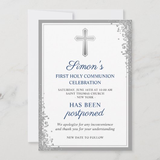 Faire-part reportée Argent première communion sain (Devant)