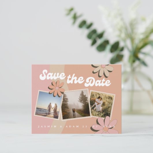 Faire-part Retro Orange Rose photo mariage Enregistrer la dat (Debout devant)