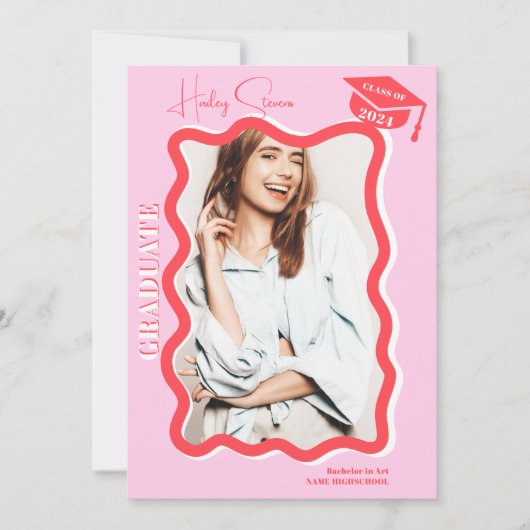 Faire-part Retro rose courbe squiggle ondulé graduation photo (Devant)