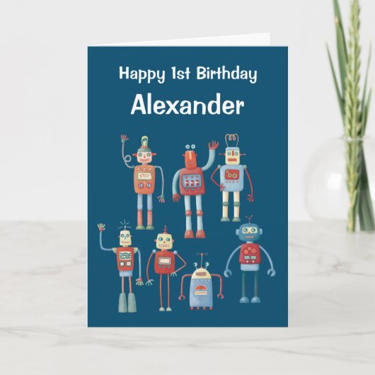 Faire-part Robots Retro 1950s Personnalisé Age & Nom Annivers (Devant)