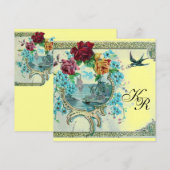 Faire-part ROMANTİCA 3 MONOGRAM ,Bleu Jaune Mariage (Devant / Derrière)