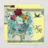 Faire-part ROMANTİCA 3 MONOGRAM, Mariage jaune bleu (Devant / Derrière)