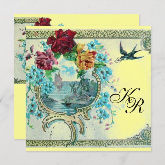 Faire-part ROMANTİCA 3 MONOGRAM, Mariage jaune bleu (Devant / Derrière)