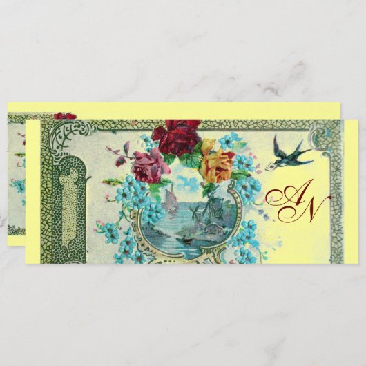 Faire-part ROMANTİCA 3 MONOGRAS, bleu rose rouge jaune (Devant / Derrière)