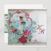 FAIRE-PART ROMANTİQUE/COLOMBE BLANCHE, ROSES FLORAL MONOGRAMM (Devant / Derrière)