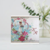 FAIRE-PART ROMANTIQUE/ COLOMBES BLANCHES, ROSES FLORAUX MONOG (Debout devant)