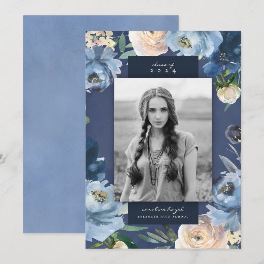 Faire-part Romantique Dusty Blue Floral Graduation Photo (Devant / Derrière)