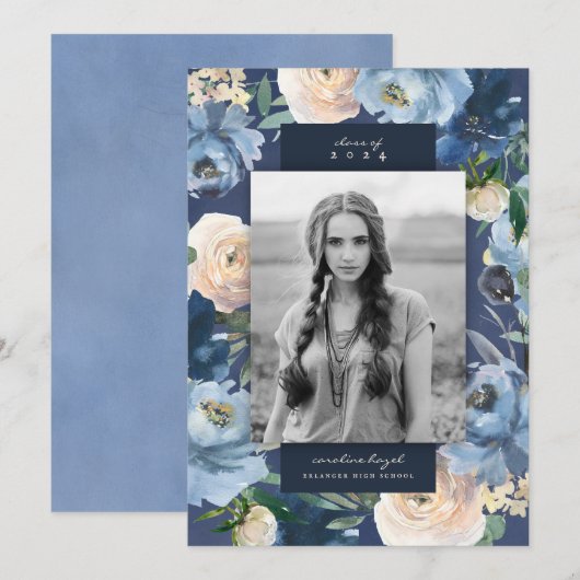 Faire-part Romantique Dusty Blue Floral Graduation Photo (Devant / Derrière)