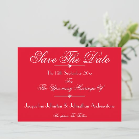 Faire-part Romantique rouge chic script Mariage Enregistrer l (Debout devant)