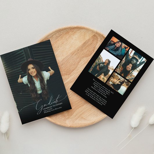 Faire-part Romantique Script Black Photo Collage Graduation