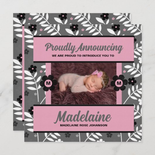 Faire-part rose bébé en fleurs avec bébé photo (Devant / Derrière)