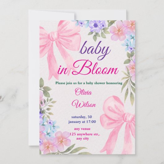 Faire-Part Rose Fleurs de Naissance (Devant)