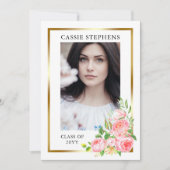 Faire-part Rose Floral 4 Photo Collage Gold Frame Graduation (Devant)