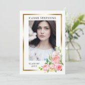 Faire-part Rose Floral 4 Photo Collage Gold Frame Graduation (Debout devant)