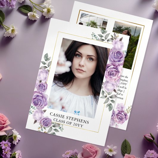 Faire-part Rose Floral 4 Photo Collage Gold Frame Graduation
