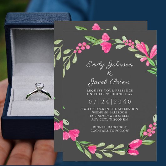 Faire-part Rose Floral Vert foncé gris foncé Elégant Mariage