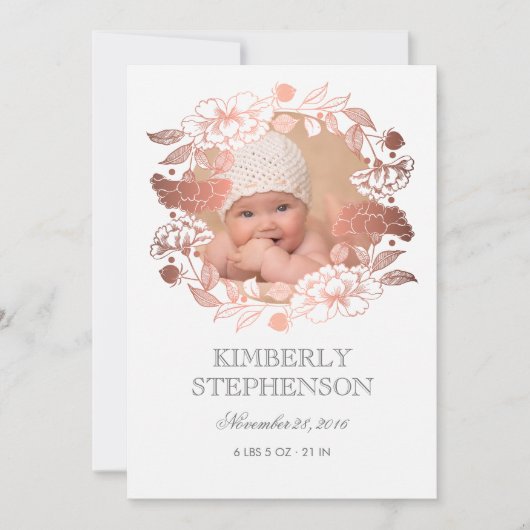 Faire-part Rose Gold Floral Sweet Nouveau-né Photo Naissance (Devant)