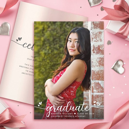 Faire-part Rose Gold Graduation Photo Modern Script Hearts