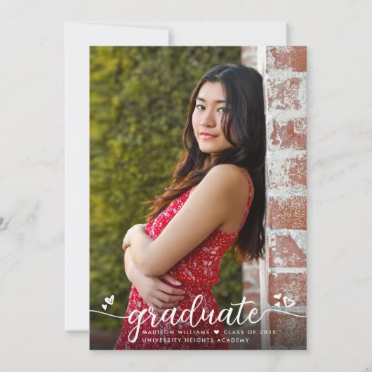 Faire-part Rose Gold Graduation Photo Modern Script Hearts (Devant)
