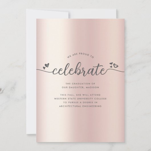 Faire-part Rose Gold Graduation Photo Modern Script Hearts (Dos)