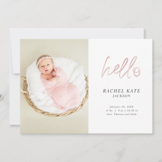Faire-part Rose Hello Script Photo Rose Gold Polka Dot Girl (Devant)