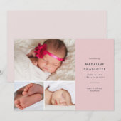 Faire-part Rose moderne bébé fille multi-photo naissance (Devant / Derrière)