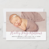 Faire-part Rose moderne Dusty Script bébé fille photo naissan (Devant)