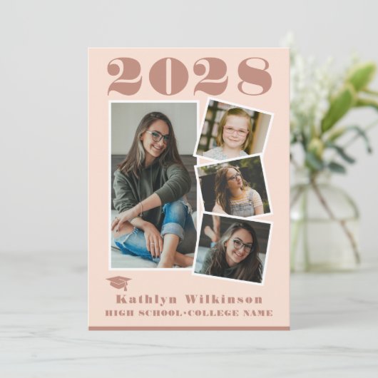 Faire-part Rose moderne Pink Script 4 Photo Collage Graduatio (Debout devant)