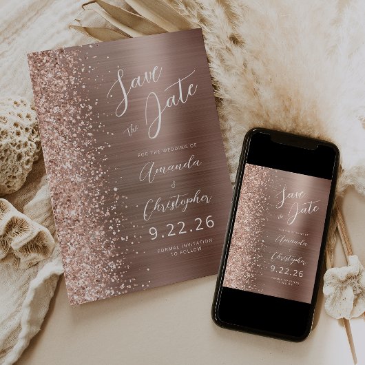 Faire-part Rose or brossé métal Script Enregistrer la date