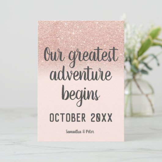 Faire-part Rose or parties scintillant blush aventure photo g (Debout devant)