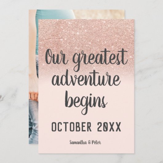 Faire-part Rose or parties scintillant blush aventure photo g (Devant / Derrière)