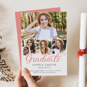 Faire-part Rose Pink Graduate Script 4 Photo Graduation