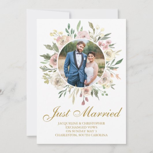 Faire-part Rose Poudré Élégant Fleurs Or Photo de Mariage des (Devant)