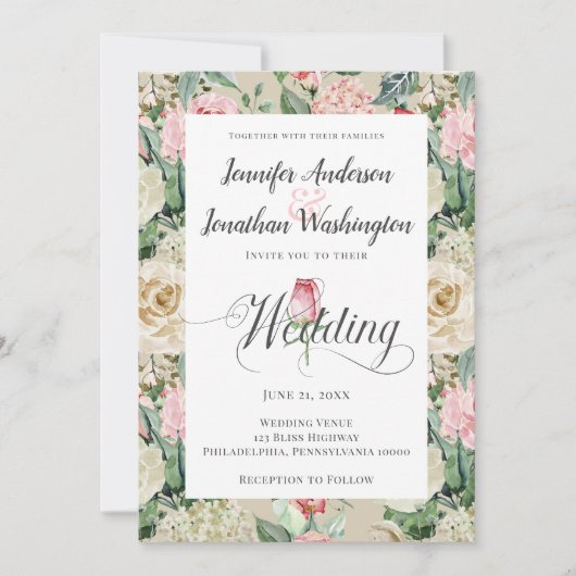 Faire-part Rose traditionnel victorien Mariage à la crème fle (Devant)