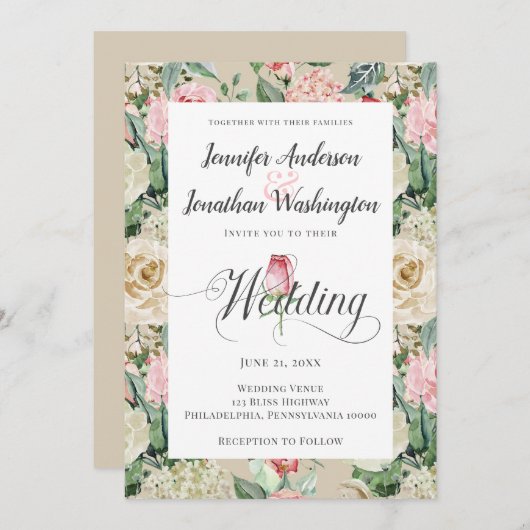 Faire-part Rose traditionnel victorien Mariage à la crème fle (Devant / Derrière)